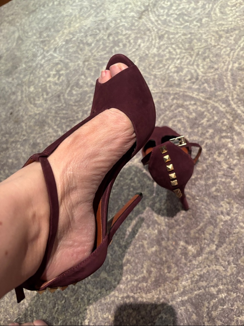 SCHUTZ Burgundy Suede Peep-Toe Slingback Heels with Gold Studs